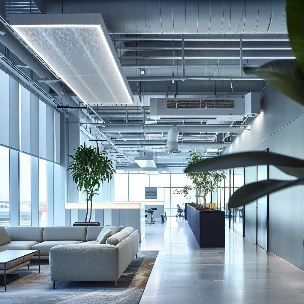 a cutting-edge office environment featuring sleek, energy-efficient air conditioning systems, illuminated by soft, modern lighting, conveying a sense of innovation in smart energy solutions.