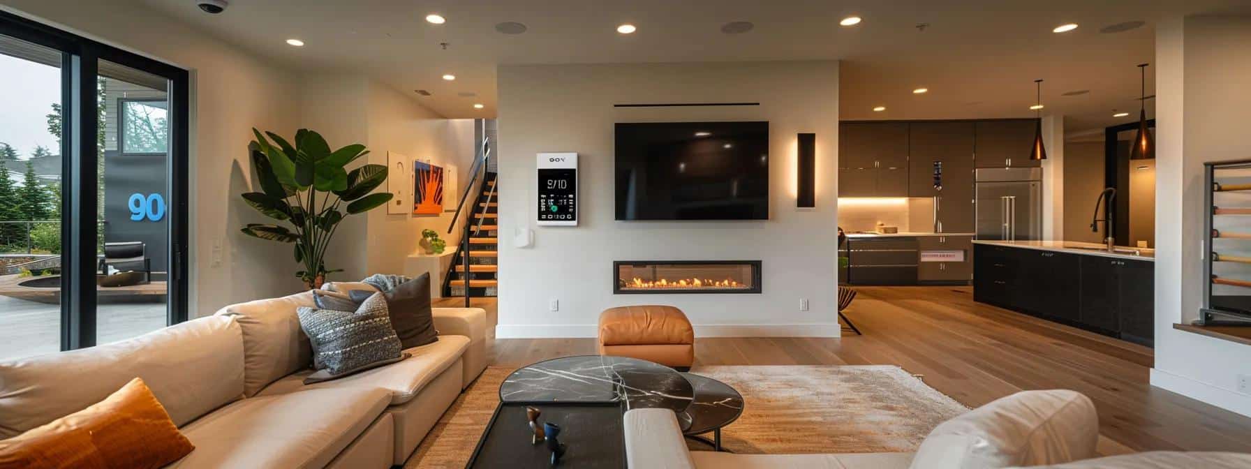 an inviting modern columbus home interior showcases a sleek, energy-efficient air conditioning unit prominently placed on a wall, complemented by a smart thermostat, with warm, ambient lighting that emphasizes the comfort and stylish design of the living space.