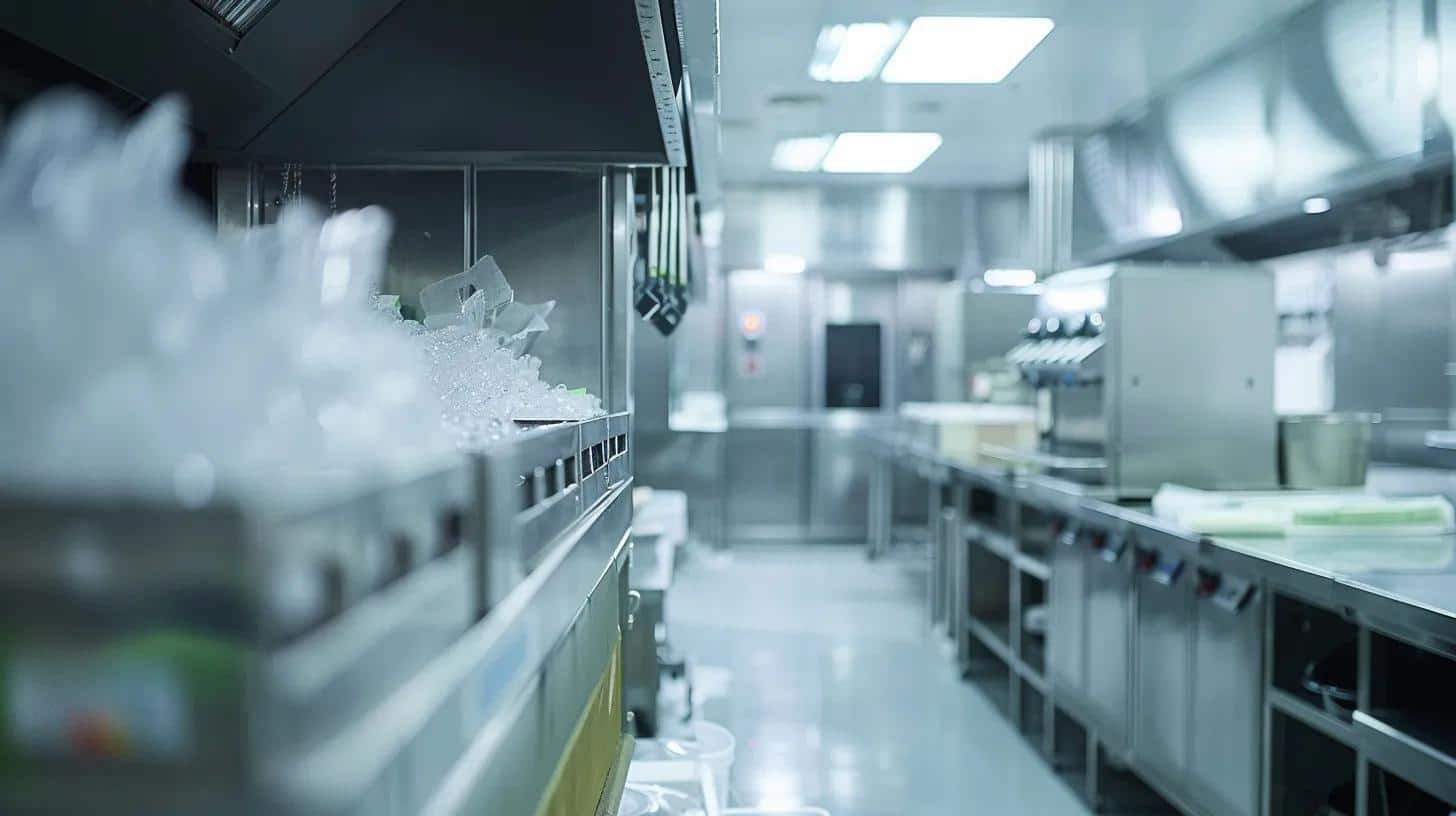 a sleek commercial kitchen bustling with activity, showcasing a high-tech ice machine prominently displaying low ice production indicators under bright fluorescent lights, emphasizing the need for proper maintenance and quality control.